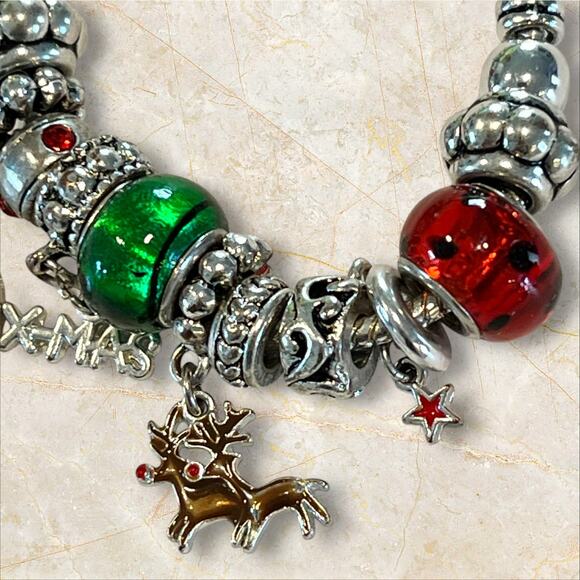 Silver-tone Christmas Charm Bracelet Holiday European Style Slider Glass Beads - Picture 3 of 11